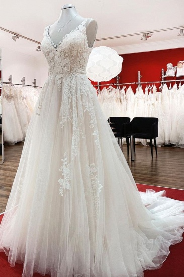 BMbridal Graceful Ivory Tulle V Neck Lace Ruffles A-Line Wedding Dresses_4