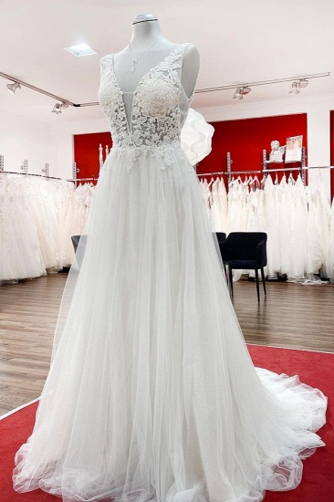 BMbridal Tulle Lace V Neck White Ruffles Wedding Dresses With Lace_4