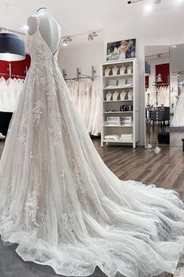 BMbridal Beautiful Sleeveless Tulle Lace V Neck Ruffles A-Line Wedding Dresses Long_4