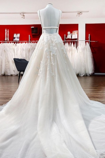 BMbridal Tulle V Neck Sleeveless Ivory A-Line Wedding Dresses With Lace Long_3