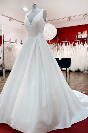 BMbridal Elegant V Neck Satin White Ruffles Wedding Dresses Long_4
