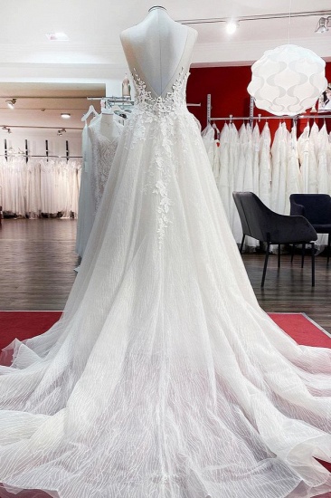 BMbridal Tulle Sleevless Ruffles Jewel  A-Line Wedding Dresses With Lace Appliques_3