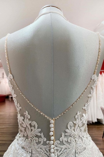 BMbridal Spaghetti Straps Tulle V Neck Ruffles Backless Wedding Dresses_6