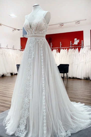BMbridal Simply Sleeveless White Tulle Lace Ruffles A-Line Wedding Dresses Long_4