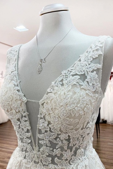 BMbridal Tulle Lace V Neck White Ruffles Wedding Dresses With Lace_6