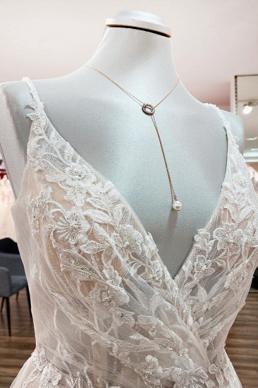 BMbridal Elegant V Neck Ivory Sleeveless Ruffles A-Line Wedding Dresses_4