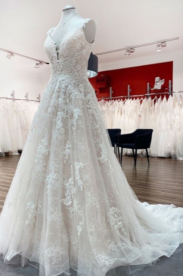 BMbridal Beautiful Sleeveless Tulle Lace V Neck Ruffles A-Line Wedding Dresses Long_3