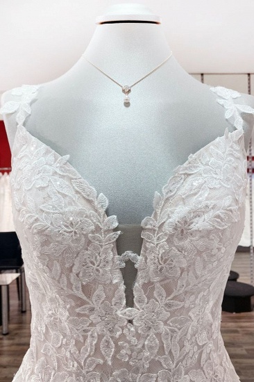 BMbridal Beautiful Sleeveless Tulle Lace V Neck Ruffles A-Line Wedding Dresses Long_5