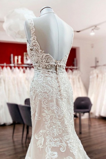BMbridal Wonderful Sleeveless Tulle Ivory Lace Backless Mermaid Wedding Dresses_5