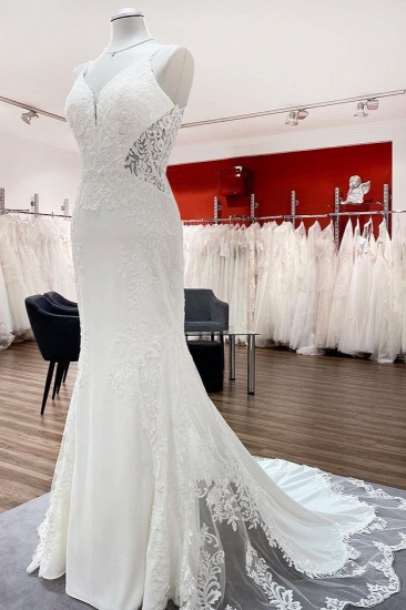 BMbridal Elegant Sleeveless White Lace Satin Mermaid Wedding Dresses_4