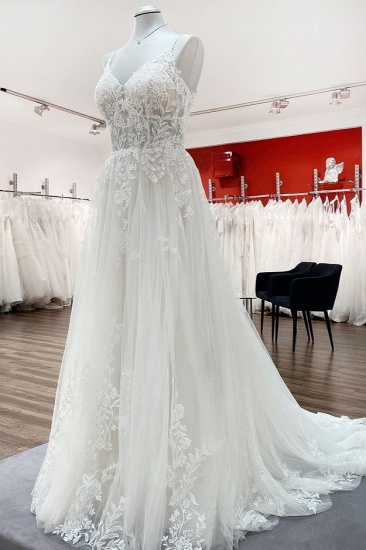 BMbridal Spaghetti Straps V Neck Tulle Ivory Lace A-Line Wedding Dresses_4