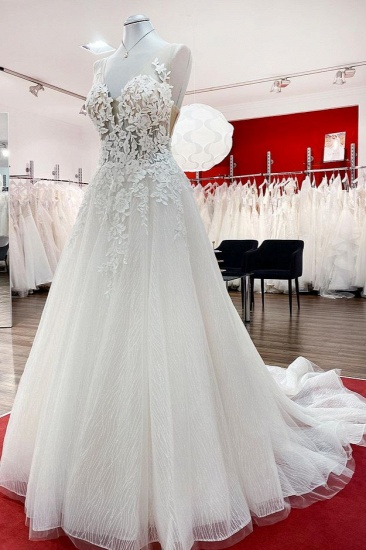 BMbridal Tulle Sleevless Ruffles Jewel  A-Line Wedding Dresses With Lace Appliques_4