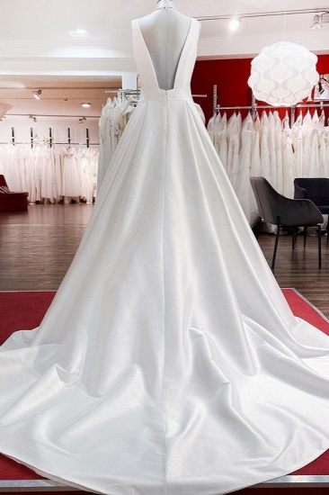 BMbridal Elegant V Neck Satin White Ruffles Wedding Dresses Long_3