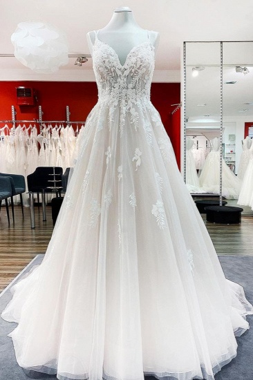 BMbridal Spaghetti Straps Tulle V Neck Ivory Ruffles Wedding Dresses With Lace_2