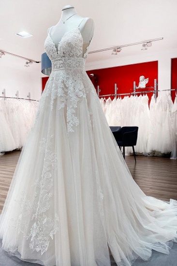 BMbridal Sleeveless Tulle V Neck Ruffles Wedding Dresses With Lace_4