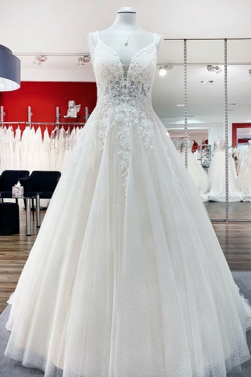 BMbridal Spaghetti Straps Tulle Lace Appliques A-Line Wedding Dresses_1