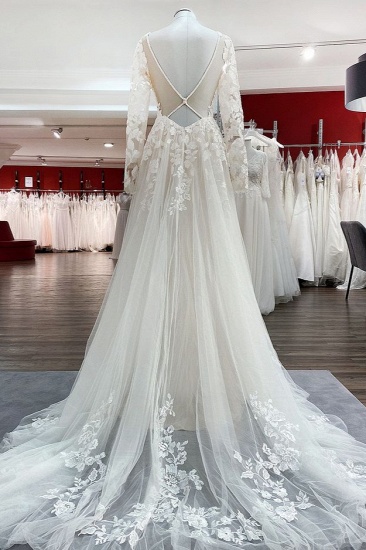 BMbridal  Tulle Ivory Long Sleeves Lace Appliques Wedding Dresses Long_3