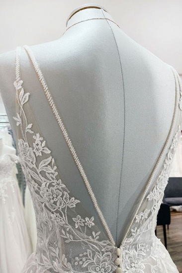 BMbridal Spaghetti Straps V Neck Tulle Ivory Lace A-Line Wedding Dresses_7
