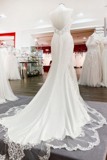 BMbridal Elegant Sleeveless White Lace Satin Mermaid Wedding Dresses_5
