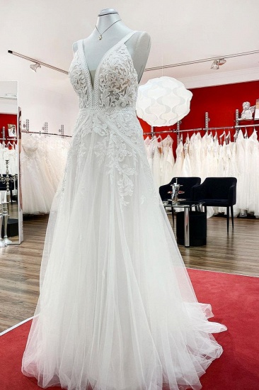 BMbridal Sleeveless Ivory Lace Appliques A-Line Wedding Dresses_3