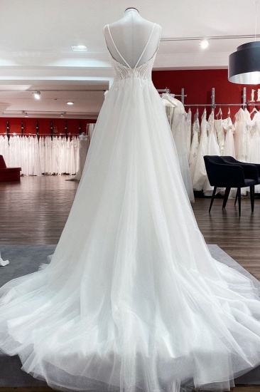 BMbridal Breath-taking Tulle V Neck Sequins Ruffles A-Line Wedding Dresses_2
