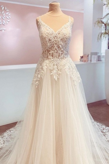 BMbridal Spaghetti-Straps V-Neck Wedding Dress Lace Tulle Bridal Gowns_3
