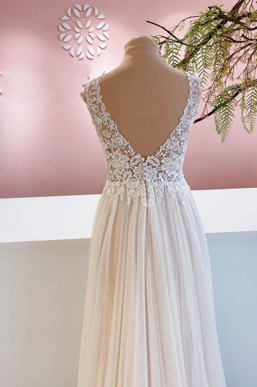 BMbridal Sleeveless Long Wedding Dress Lace Appliques Tulle Bridal Gown_4