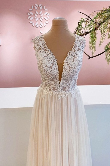 BMbridal Sleeveless Long Wedding Dress Lace Appliques Tulle Bridal Gown_3
