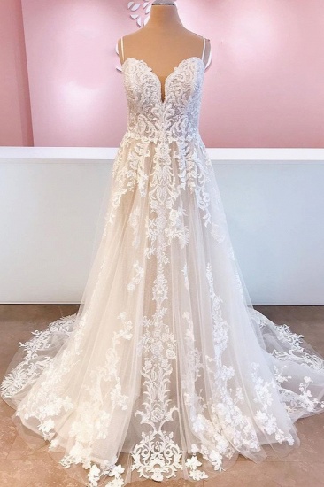 BMbridal Spaghetti-Straps Lace Appliques Wedding Dress Sleeveless