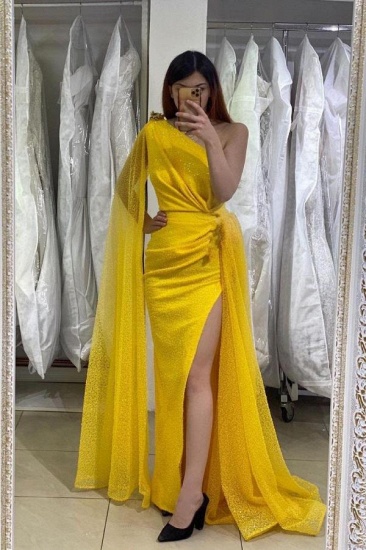 Bmbridal Yellow One Shoulder Prom Dress Mermaid Split With Ruffle_1