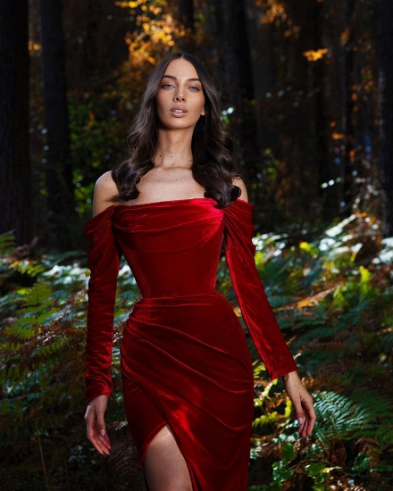 Bmbridal Long Sleeves Velvet Prom Dress Slit Off-the-Shoulder_3