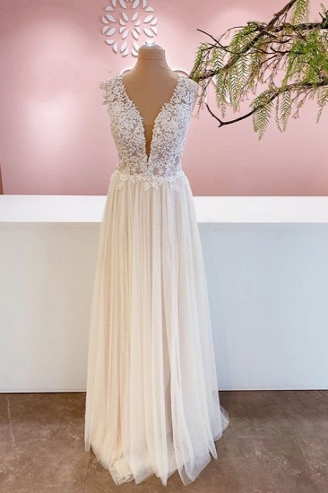 BMbridal Sleeveless Long Wedding Dress Lace Appliques Tulle Bridal Gown