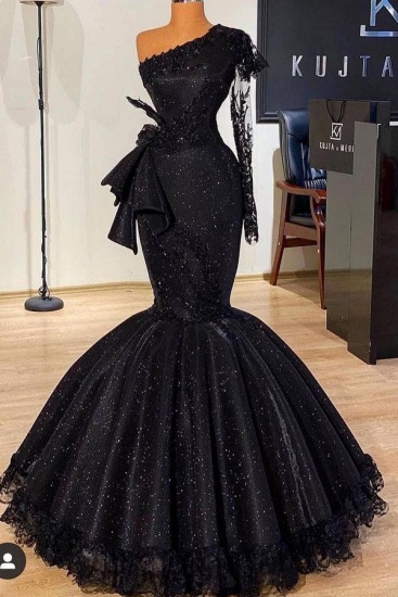BMbridal Long Sleeves Black Mermaid Prom Dress Sequins