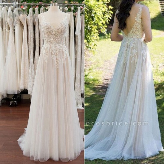BMbridal Elegant Appliques A-line V-neck Wedding Dress Straps Sleeveless Tulle Bridal Gowns On Sale_1