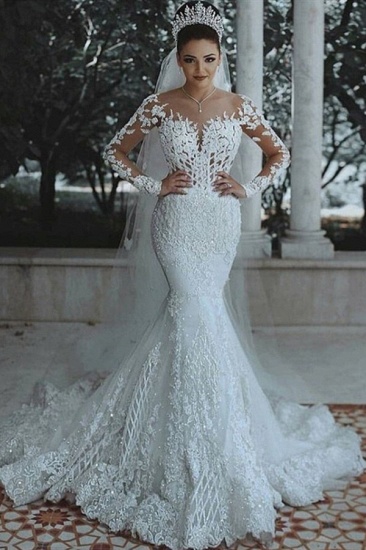 Bmbridal Long Sleeves Mermaid Wedding Dress With Lace Appliques_1