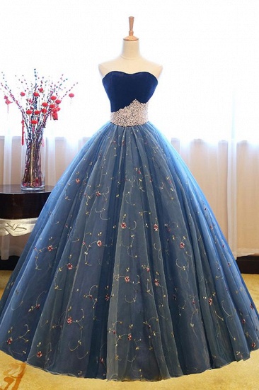 Ball Gown Strapless Embroidery Pearl Dark Blue Formal Prom Dresses_1
