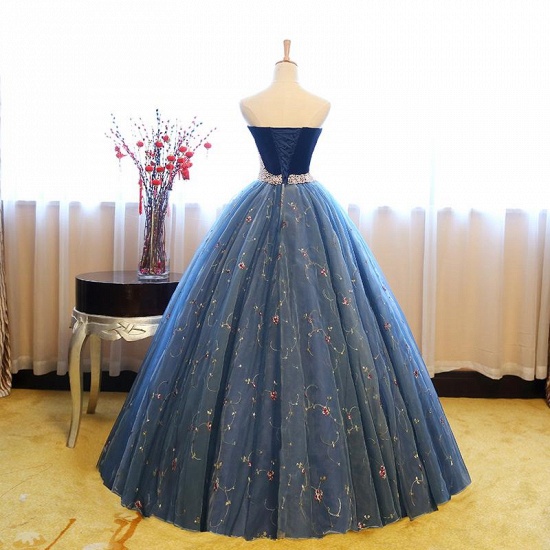 Ball Gown Strapless Embroidery Pearl Dark Blue Formal Prom Dresses_3