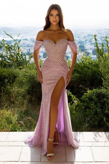 Bmbridal Short Sleeves Sequins Pink Prom Dress Mermaid Off-the-Shoulder_1