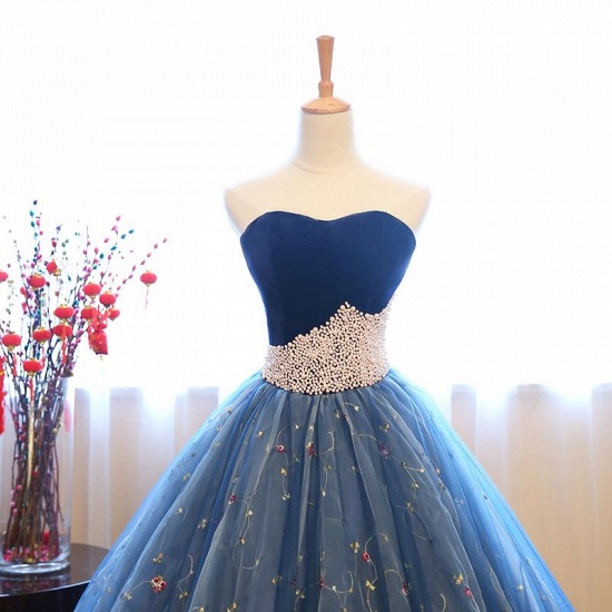 Ball Gown Strapless Embroidery Pearl Dark Blue Formal Prom Dresses_3