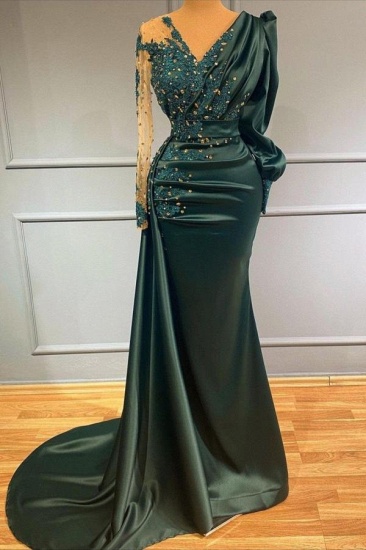 BMbridal Dark Green Long Sleeves Prom Dress Mermaid With Beadings_2