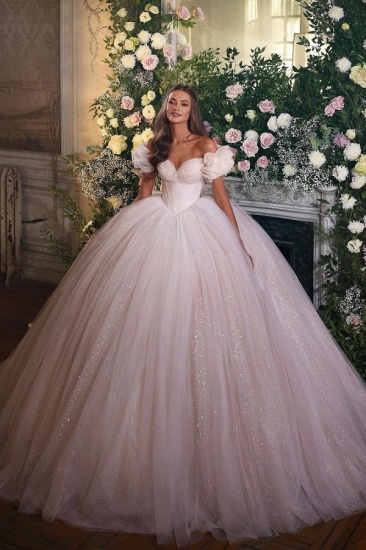 BMbridal Off-the-Shoulder Ball Gown Tulle Wedding Dress Shinning Sequins_2