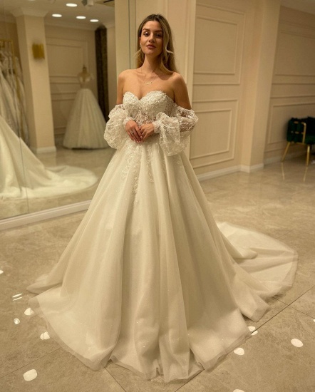 Bmbridal Sweetheart Lace Wedding Dress Detachable Sleeves_7