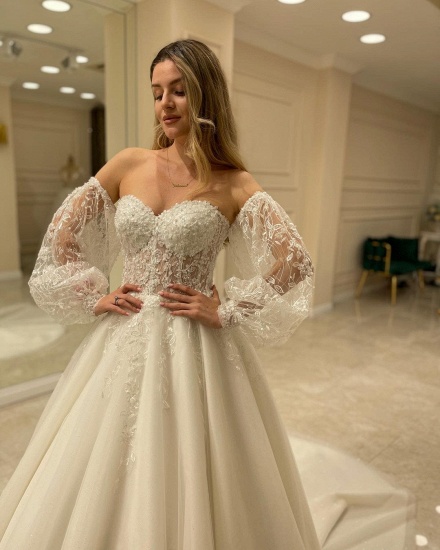 Bmbridal Sweetheart Lace Wedding Dress Detachable Sleeves_4