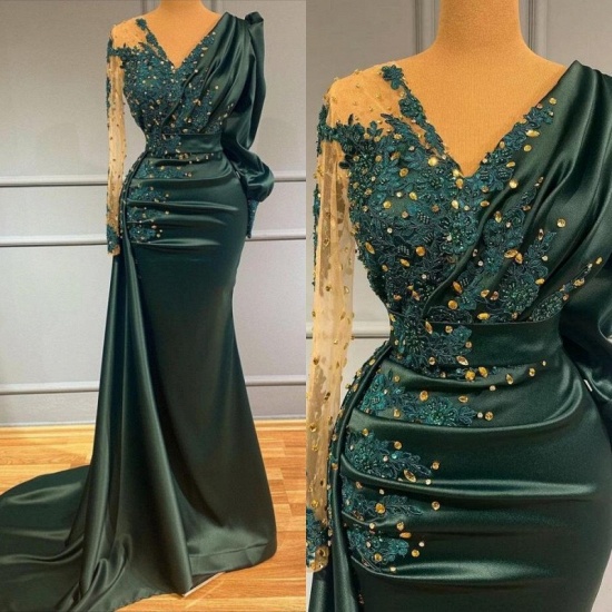 BMbridal Dark Green Long Sleeves Prom Dress Mermaid With Beadings_1