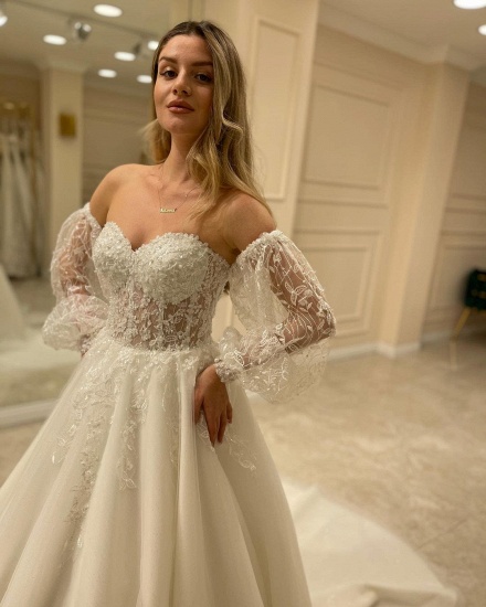Bmbridal Sweetheart Lace Wedding Dress Detachable Sleeves_6