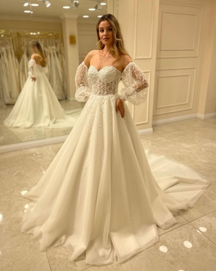 Bmbridal Sweetheart Lace Wedding Dress Detachable Sleeves_5