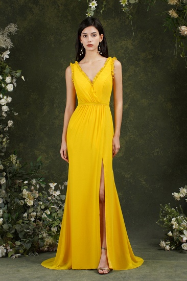 BMbridal Yellow V-Neck Bridesmaid Dress Chiffon With Slit