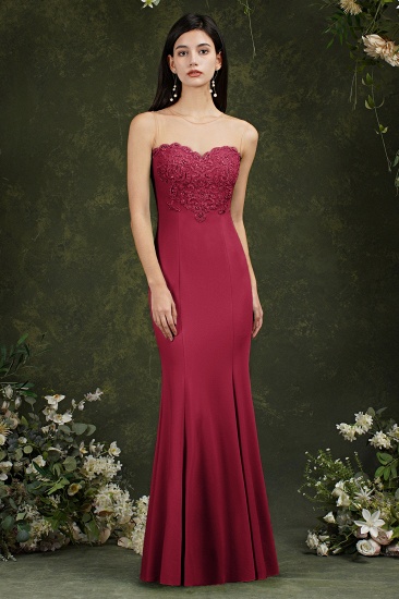 Bmbridal Burgundy Illussion Neck Mermaid Prom Dress Long With Appliques_4