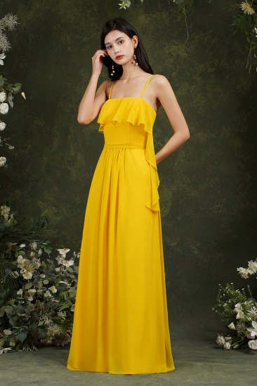 Bmbridal Spaghetti-Straps Yellow Bridesmaid Dress Chiffon With Pockets Ruffles