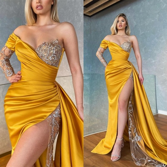 Bmbridal Long Sleeves Yellow Prom Dress Mermaid Split With Sequins Beads_4